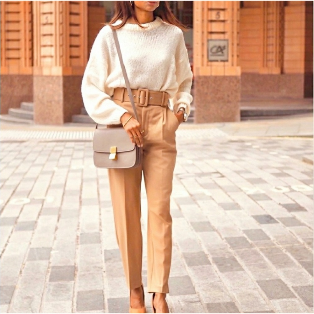Zara | Tan, High Waisted, Ankle length, Classic Pants with Thick Belt. M